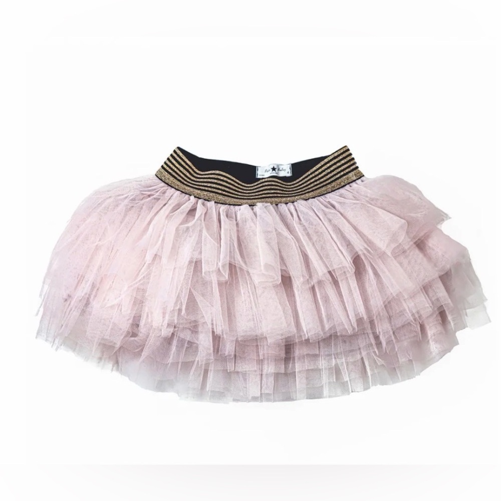 Girls Pink Layered Tulle Skirt with Gold Trim Waistband